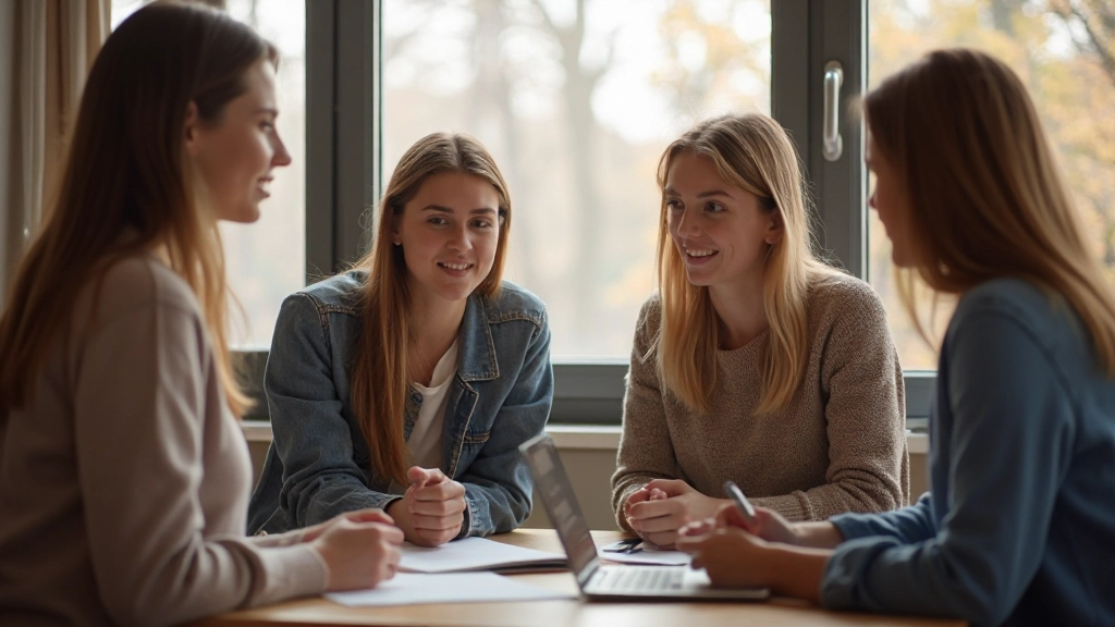 Professionele afbeelding van een diverse groep studenten die Nederlands spreken en communiceren in een collaborative learning omgeving