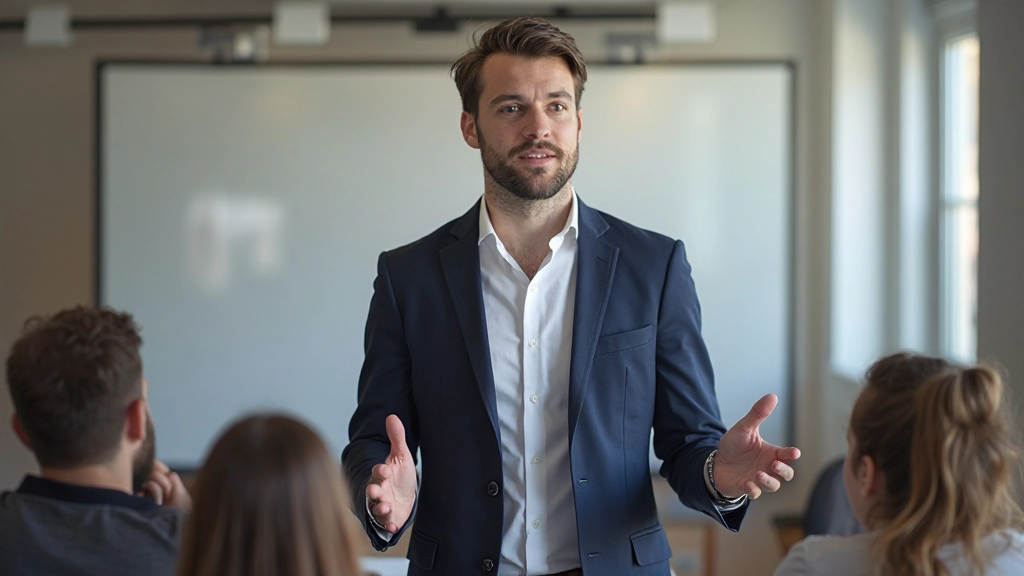 Professionele foto van een mannelijke taalleraar die Nederlands onderwijst aan studenten in een moderne klasruimte met interactieve elementen