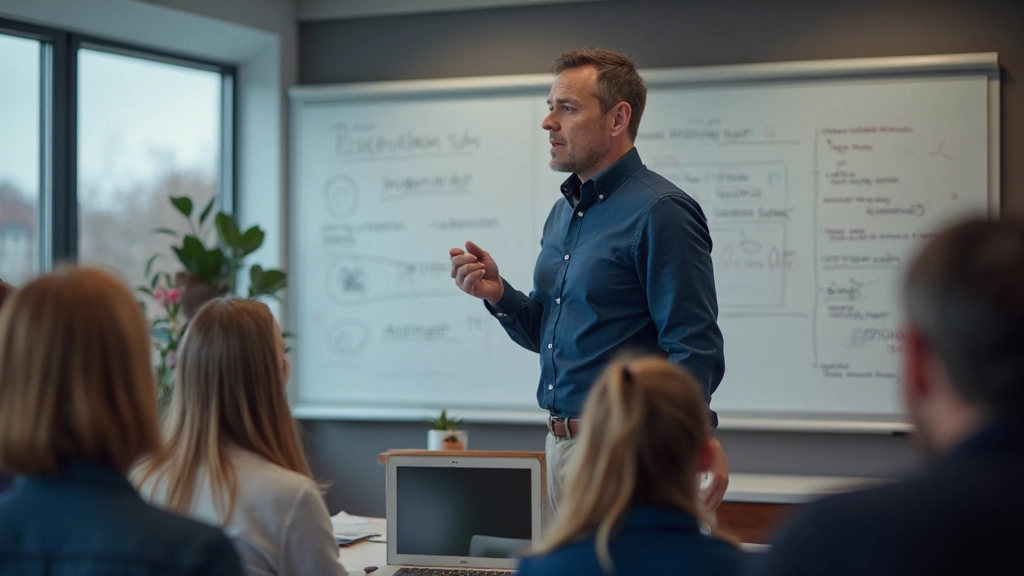 Professionele foto van een mannelijke taalleraar die Nederlands onderwijst aan studenten in een moderne klasruimte met interactieve elementen