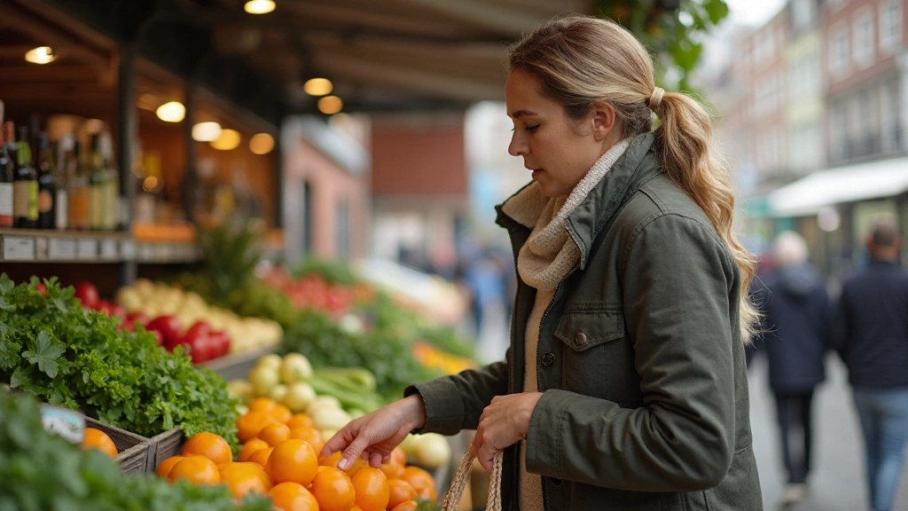 Persoon die boodschappen doet op een lokale Nederlandse markt met verse groenten en producten