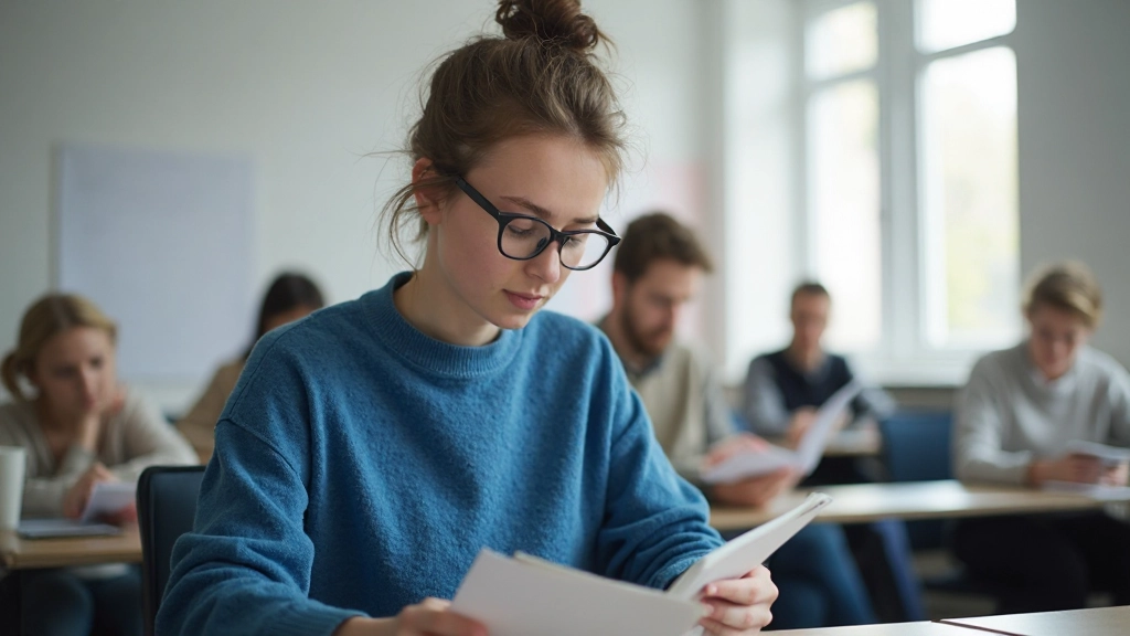 Persoon die Nederlands leert met een boek en woordenlijst in een modern klaslokaal