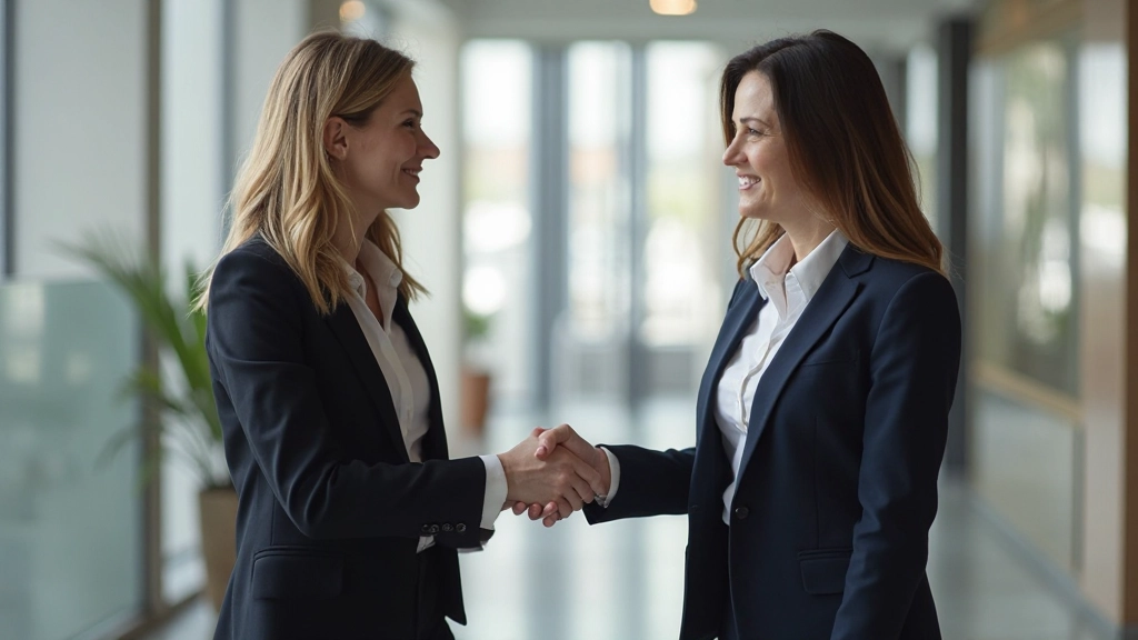 Twee professionele vrouwen die elkaar groeten en handen schudden in een modern kantooromgeving