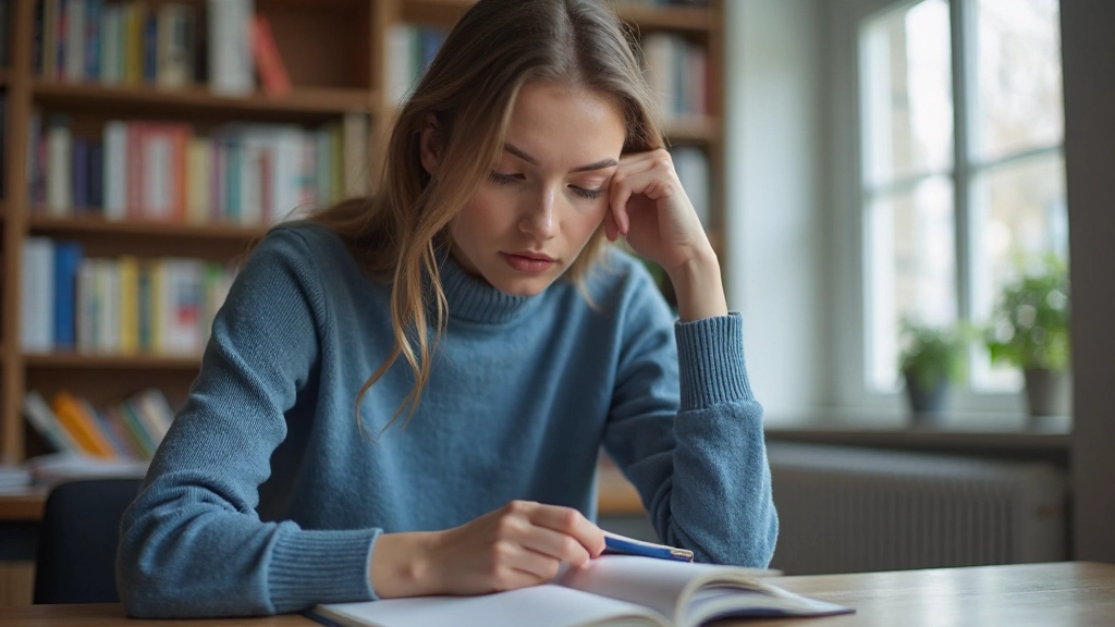 Professionele afbeelding van een vrouw die Nederlands studeert met een laptop en notitieboek in een moderne bibliotheek omgeving