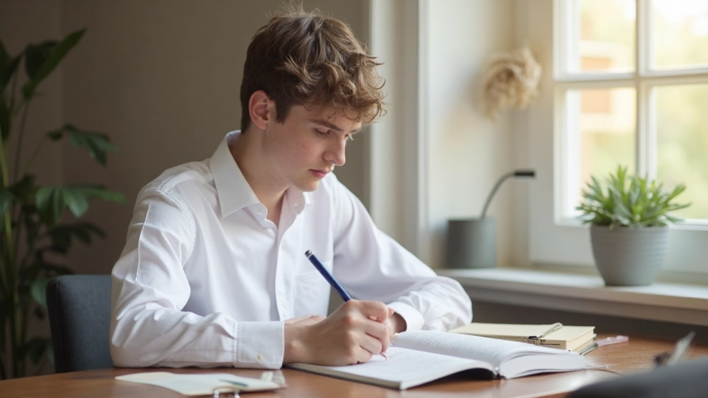 Afbeelding van een student die Nederlands grammatica oefent met werkboeken en interactieve leermateriaal
